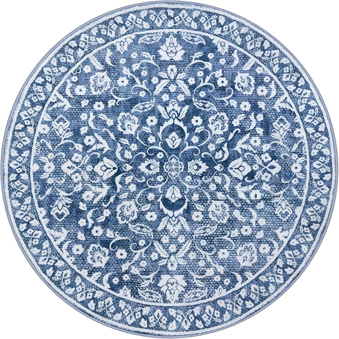 Blue and White Round Rug 5 Ft Rugs for Entryway Washable Circle Entrance Rug Non Slip Round Doormat Indoor Printed Faux Wool Round Front Door Mat Floor Carpet for Backdoor, Bedroom