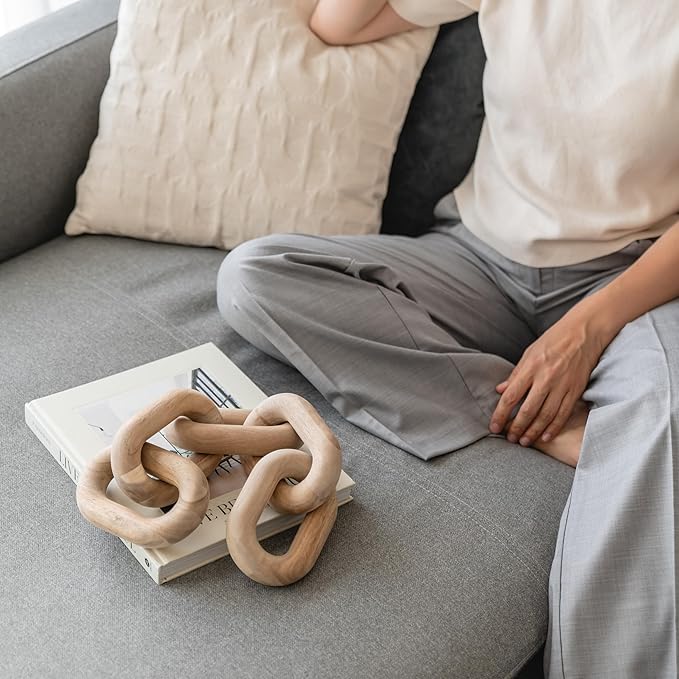 Book Shelf Decor Items - Acacia Wood Chain Link Decor, Coffee Table Accessories, Bookshelf Decors, Sculpture for Shelves, Wooden Decorative Objects, Link Ornament, Living Room Accents