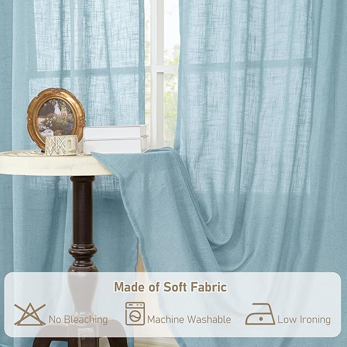 LAMIT 102 Inches Long Linen Curtains for Living Room, Back Tab and Rod Pocket Semi Sheer Curtains Light Filtering Farmhouse Drapes for Bedroom/Dining Room, Stone Blue, Set of 2, 52 x 102 Inch