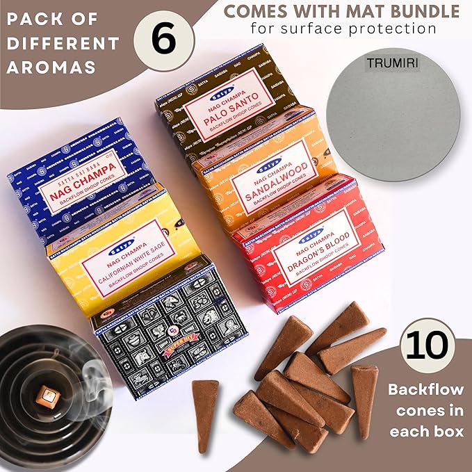 Nag Champa|Super Hit|Dragons Blood|Palo Santo|Sandalwood|Californian White Sage Variety Pack Backflow Incense Cones for Waterfall Aromatic Smoke Fountain Haze Falls and Mat Bundle - Pack of 6