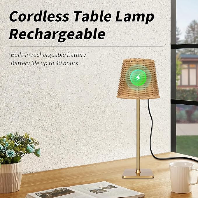 Mr. White Outdoor Waterproof Cordless Wireless Rechargeable Portable Top Touch Battery Operated Powered LED Table Lamp Desk Lamp Lights for Restaurant Kitchen Patio Dinner Dining (Gold)