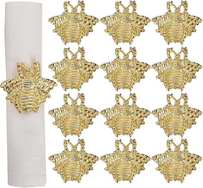 ALPHA Living HOME 12 Pcs Modern Bee Napkin Rings - Premium Metal Napkin Rings Table Decor Napkin Ring, Dining Cloth Napkin Holder for Wedding, Party, Christmas, Everyday Dining (Gold)