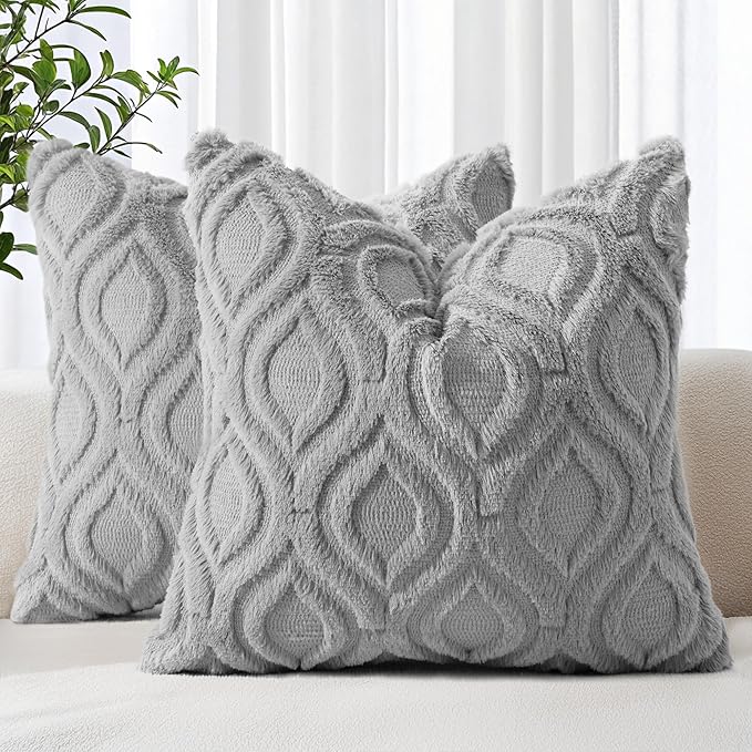 decorUhome Throw Pillow Covers 26x26 Inch Set of 2, Soft Plush Faux Wool Grey Solid Couch Pillow Covers, Accent Farmhouse Neutral Square Pillow Cases for Sofa Bed Living Room