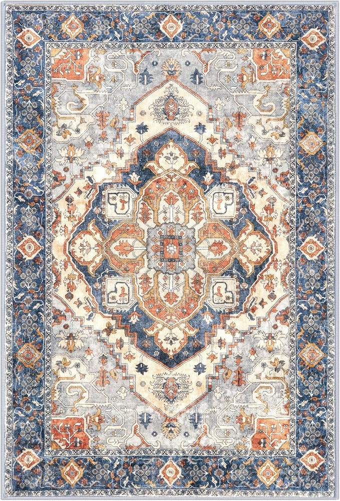 3x5 Washable Area Rug for Entryway, Ivory Blue Soft Boho Rug with Non-Slip, Low-Pile Vintage Floor Area Rugs for Living Room Bedroom Dining, Dorm Carpet with Non-Shedding