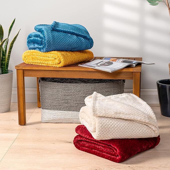 PAVILIA Mustard Yellow Throw Blanket for Couch Bed, Soft Fleece Throws for Sofa Chair, Fuzzy Waffle Textured Blanket, Cozy Warm Lightweight All Season Blanket Throw, 50x60