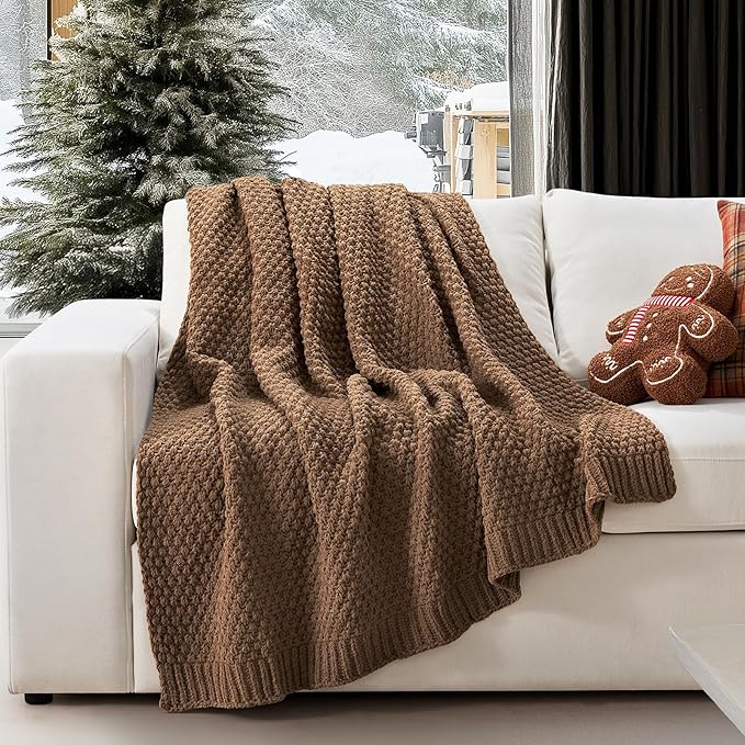 EVERGRACEHOME Chunky Chenille Knit Throw Blanket for Couch, Soft Luxurious Moss Stitch Blankets for Bed, Cozy Decorative Farmhouse Knitted Throws for Sofa, Camel Brown, 60" x 80"