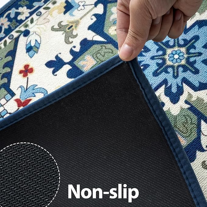 Runner Rug with Non Slip Rubber Backing, Washable Soft Floor Carpet for Kitchen, Hallway, Entryway Indoor, Bedroom, Laundry, Low Pile Area Rugs, Geometric Floral, Blue Pattern, 2' * 6'