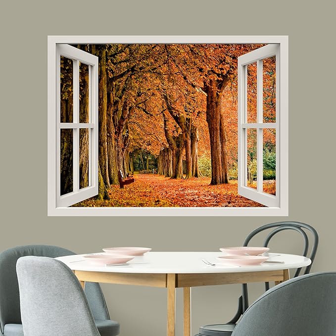 wall26 Removable Wall Sticker/Wall Mural Window View Autumn Season Orange Forest Tree Trail Wilderness Nature Photography Realism Rustic Landscape Colorful for Living Room, Bedroom, Office - 24"x32"