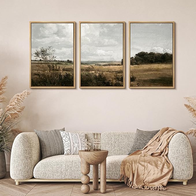 MUDECOR Framed Canvas Print Wall Art Rustic Fields Tranquil Countryside Landscape Nature Wilderness Illustrations Realism Decorative for Living Room, Bedroom, Office - 16"x24"x3 Natural