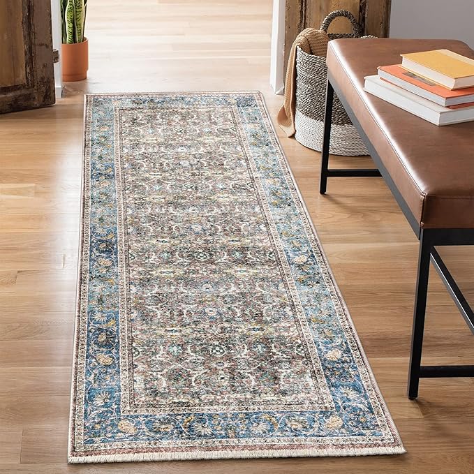 Bloom Rugs Caria Washable Non-Slip 12 ft Runner - Blue/Red Brown Traditional Runner for Entryway, Hallway, Bathroom, and Kitchen - Exact Size: 2'6" x 12'
