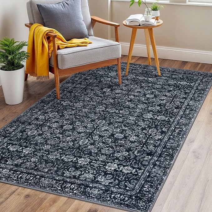 3x5 Entryway Area Rug Black Washable Soft Distressed Floral Rugs, Non-Slip Low-Pile Vintage Neutral Carpet for Entryway Nursery Bedroom Dining Dorm Living Room