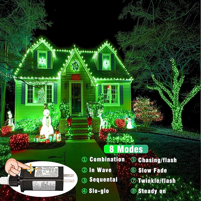 500 LED Green Christmas Lights Outdoor, 165ft Green String Lights Indoor Clear Wire 8 Modes Waterproof Plug in Twinkle Fairy Lights with Timer Memory for Room Tree Party Decorations