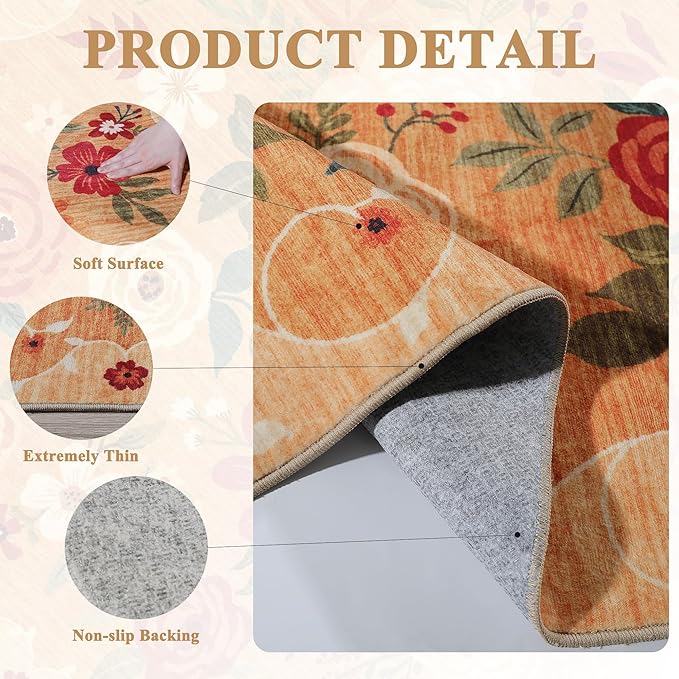 DUKINO 2x3 Rugs for Entryway, Floral Indoor Washable Door Mat, Non Slip Boho Small Rug for Kitchen, Soft Low Pile Front Door Throw Rug for Entrance, Bedroom, Kitchen, Laundry, Bathroom, Orange