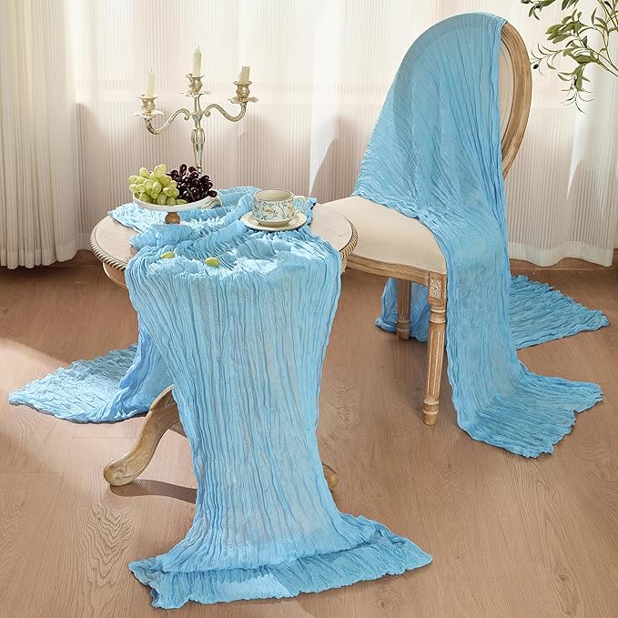 6 Pack Cheesecloth Table Runner 120 Inch Boho Rustic Gauze 10 FT Light Blue Cheese Cloths Table Runners Decorations for Spring Summer Birthday Party Baby Shower Wedding Holiday Home Decor