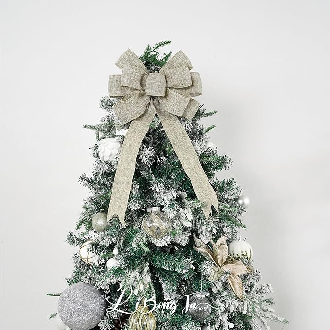 13" Burlap Wired Ribbon Bow Christmas Tree Topper Bow, Rustic Bow Party Decorations, Premade Bows with Twist Tie, Large Gift Bow for Outdoor Wreath, Wedding, Holiday, Birthday-1 PCs