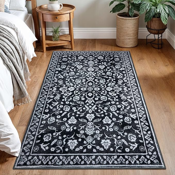 Vintage 3x5 Washable Rug for Entryway, Super Soft Black White Entryway Rug Non-Slip, Printed Faux Wool Floral 3x5 Area Rug Thin Floor Carpet for Kitchen, Bedroom, Office, Living Room