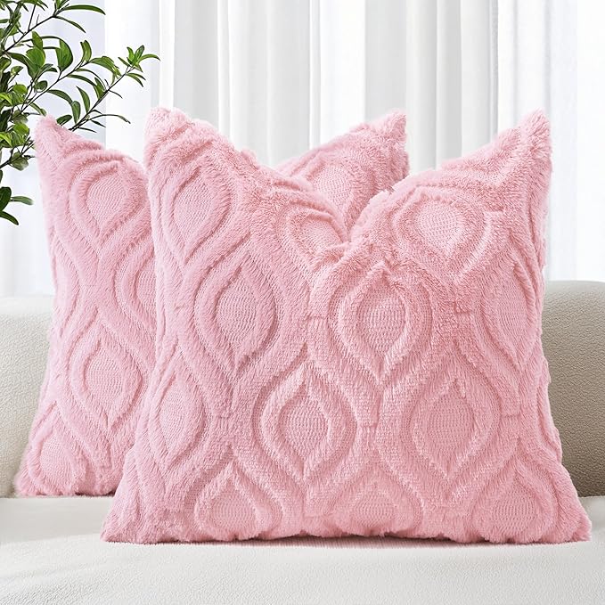 decorUhome Throw Pillow Covers 22x22 Inch Set of 2, Soft Plush Faux Wool Light Pink Solid Couch Pillow Covers, Accent Farmhouse Neutral Square Pillow Cases for Sofa Bed Living Room