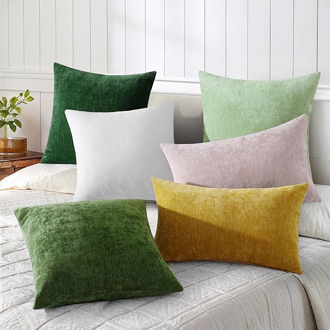 decorUhome Chenille Sage Green Christmas Throw Pillow Covers 20x20 Inch Set of 2, Decorative Soft Couch Pillow Covers Solid Dyed Accent Farmhouse Neutral Square Pillow Cases for Sofa