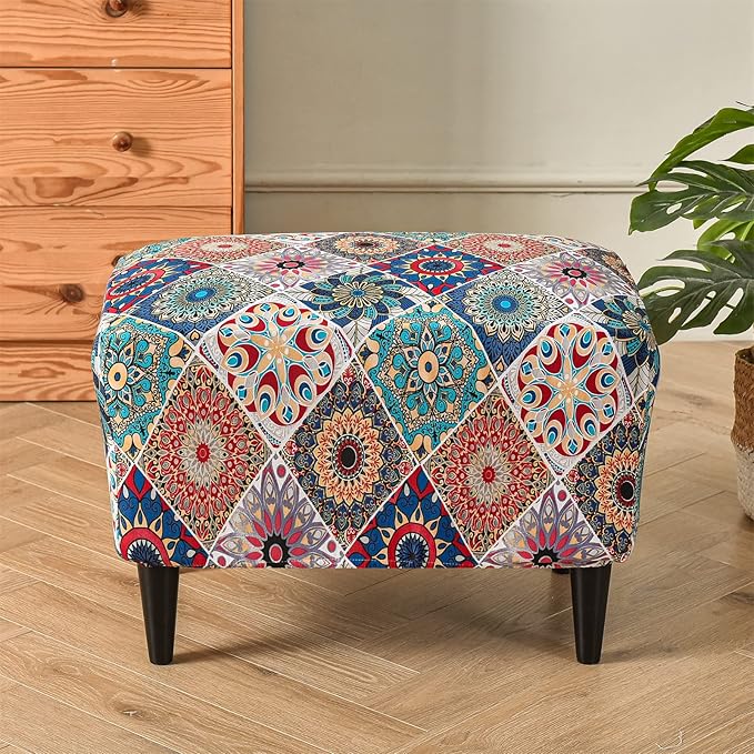 KRFOONN Ottoman Slipcovers Stretch Rectangle Footrest Stool Covers Printed Ottoman Cover for Foot Stool Furniture Protector with Non Slip Elastic Bottom(12, Large)
