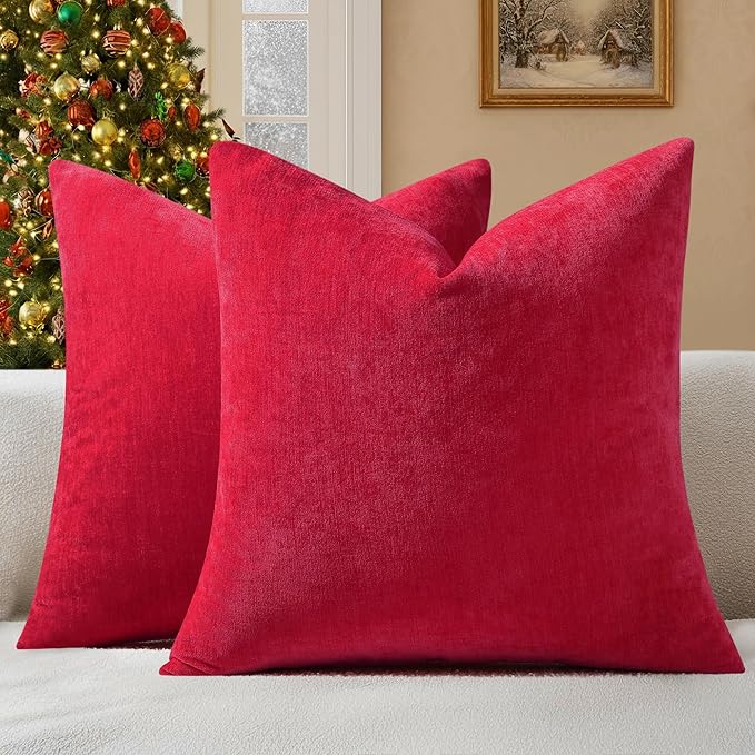 decorUhome Chenille Christmas Red Throw Pillow Covers 18x18 Inch Set of 2, Decorative Soft Couch Pillow Covers Solid Dyed Accent Farmhouse Neutral Square Pillow Cases for Sofa Bed Living Room