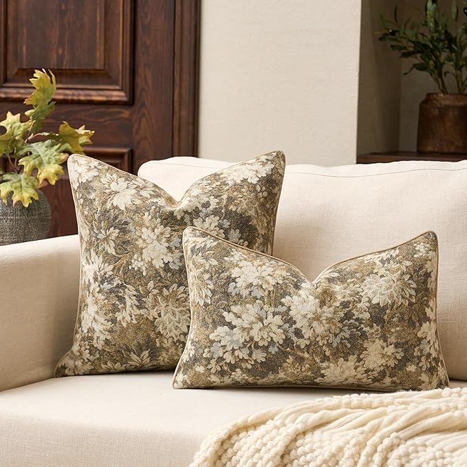 Yangest Neutral Floral Pillow Cover 24 x 24 Inches, Vintage Chenille Square Throw Pillow Cover Soft Decorative Farmhouse Accent Couch Pillow Cover for Living Room Bedroom, Beige