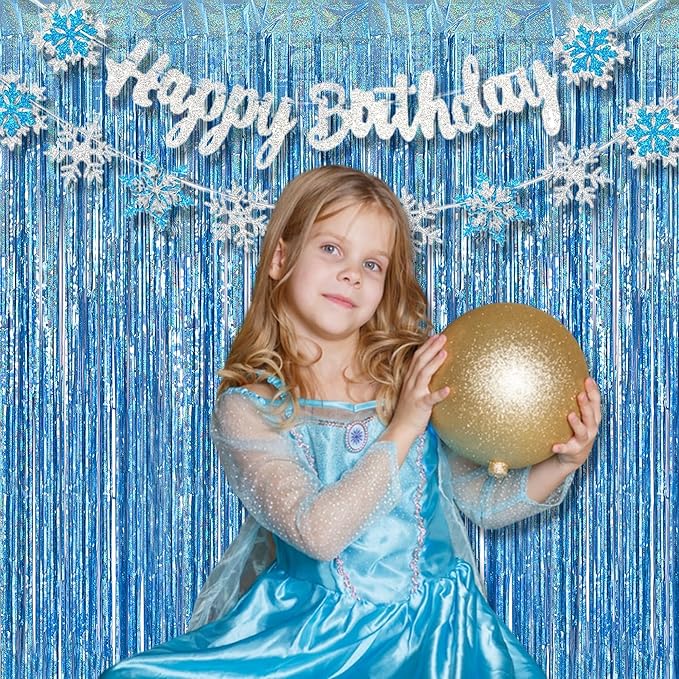 BRAVESHINE Light Blue Tinsel Foil Fringe Curtains - 2Pcs 3.2x8.2 ft Metallic Holiday Streamers Backdrop for Christmas/Winter’s Snowflake/Frozen/Birthdays/Mermaid/Bachelorette/Engagement Party Decor