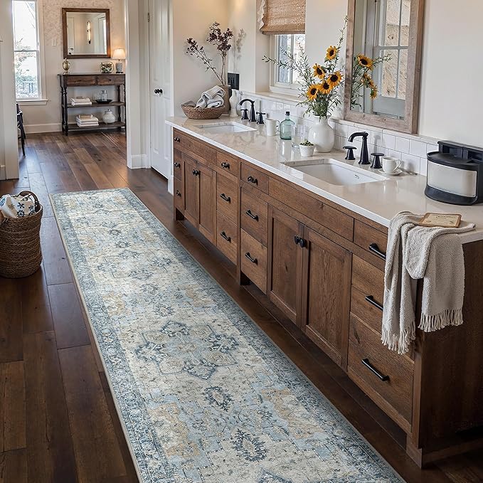 Runner Rug 2'6''x12, Non Slip Vintage Machine Washable Hallway Runner Rugs, Low Pile Lightweight Mat for Hallway, Entryway, Bedroom, Kitchen and Corridor, Blue
