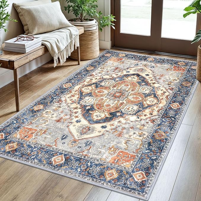 3x5 Washable Area Rug for Entryway, Ivory Blue Soft Boho Rug with Non-Slip, Low-Pile Vintage Floor Area Rugs for Living Room Bedroom Dining, Dorm Carpet with Non-Shedding
