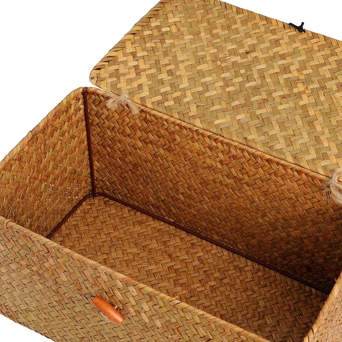 DOKOT Rectangular Handwoven Seagrass Small Storage Basket with Lid for Shelves and Home Organizer Bins,S (10.2"x5.5"x4.3"H), Yellow