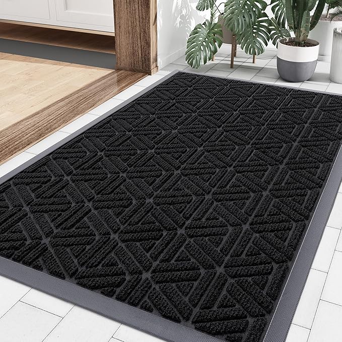 Smiry Front Door Mat Outside Entrance, Heavy Duty Sturdy Natural Rubber Doormat, Trap Dirt and Moisture, Easy Clean Low Profile Mats for Indoor Outdoor Entry, Grid Geometric (35x23, Black)