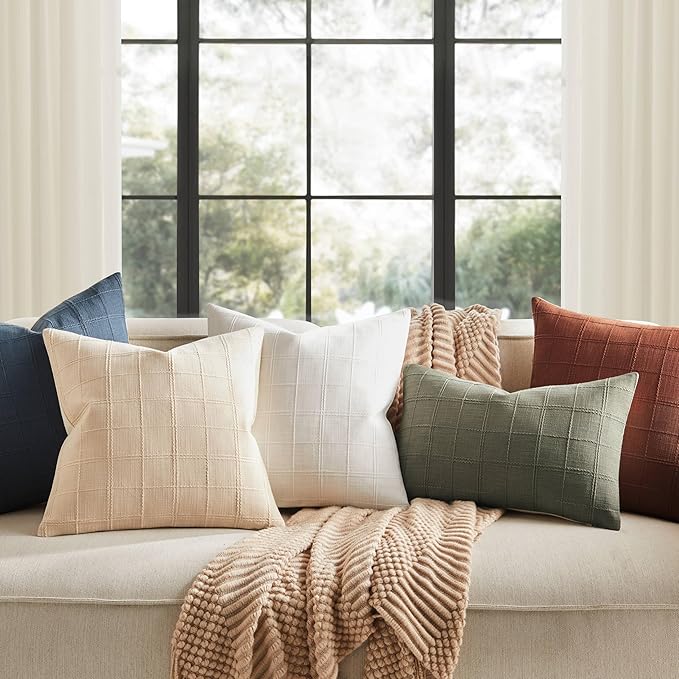 ZeeMart Linen Checked Throw Pillow Covers Set of 2, 18x18 Inch Navy/Cream, Farmhouse Decorative Single Sided Grid Embroidered Couch Pillow Cases Dark Blue Cotton Linen Cushion Covers