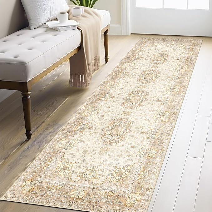 Washable Runner Rug 2'x8',Boho Rug Runners Non Slip,Long Rugs for Hallways Kitchen Bathroom Bedroom Entryway,Vintage Bohemian Distressed Floor Carpet,Beige Gold Floral