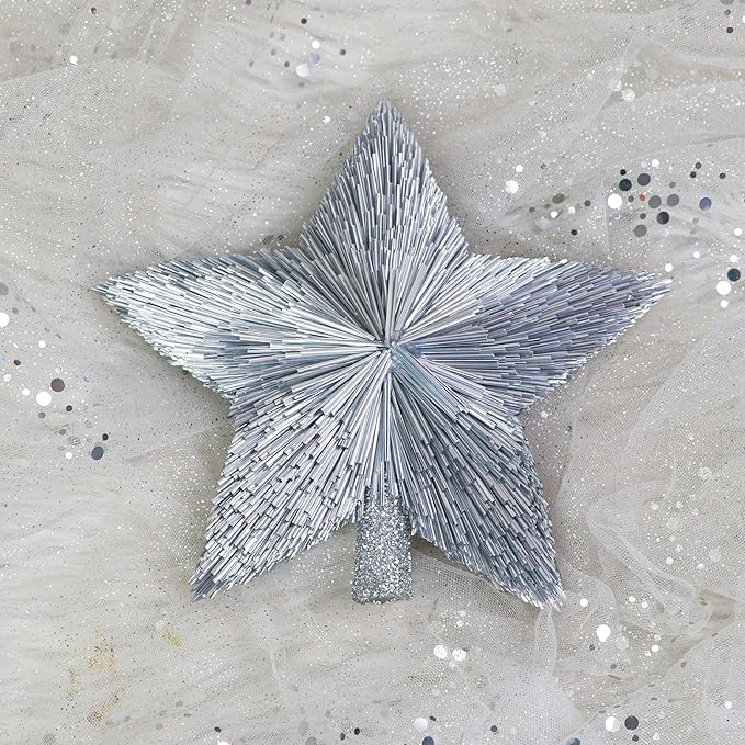 10" Luxury Christmas Tree Topper - Handmade Tree Star - Silver Treetop - Elegant Stars for Medium Large Big Christmas Tree - Lightweight Tinsel Shiny Top Star - Xmas Ornaments - Holiday Decor