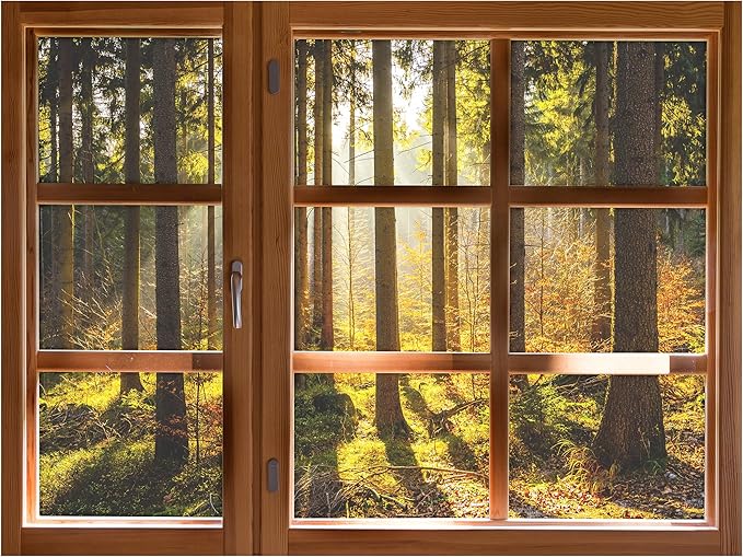 SIGNWIN Removable Wall Sticker/Wall Mural Window Autumn Forest with Golden Sun Rays Photography Realism Decorative Landscape Digital Art for Living Room, Bedroom, Office - 24"x32"
