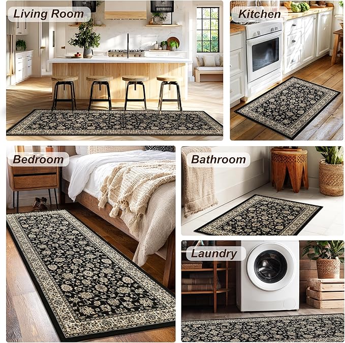 XWZO Washable Hallway Runner Rug 2x8ft — Non-Slip Low Pile Area Rug with Rubber Backing, Spill Resistant Soft Flower Floor Carpet Runner for Kitchen Entryway Doorway Bedroom Corridor, Black