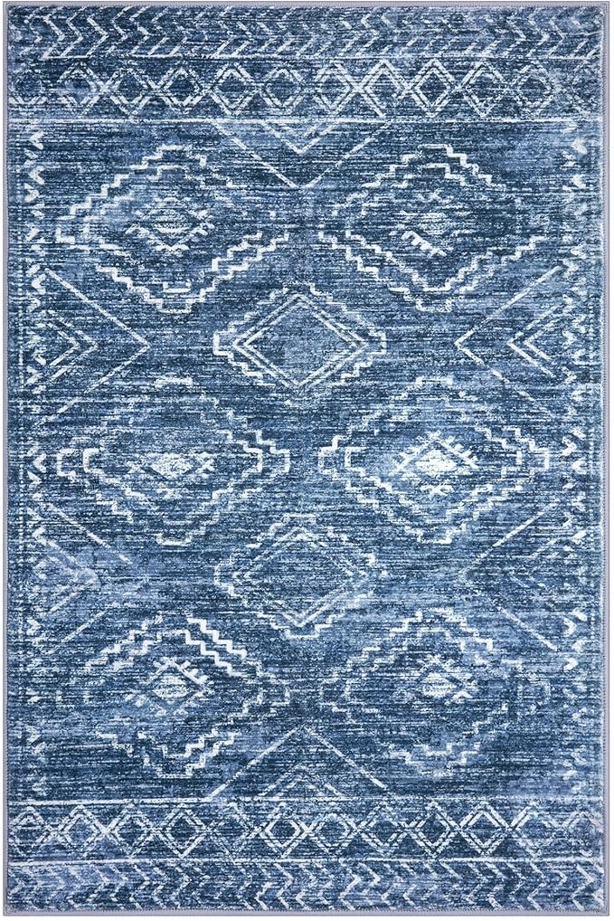 KILOCOCO Area Rug 4'x6' Entryway Rug Washable Bedroom Rugs Non Slip Printed Boho Low-Pile Rubber Backed Blue Soft Rugs for Kitchen Living Room Dining Geometric Moroccan Carpet, Stonewashed Blue