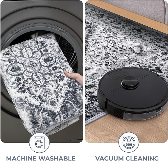 KOZYFLY Area Rug 4x6 Ft Washable Rugs for Entryway Non Slip Kitchen Mats for Floor Rugs for Living Room Printed Faux Wool Vintage Throw Rug for Entrance Bedroom Kitchen Living Room, Grey
