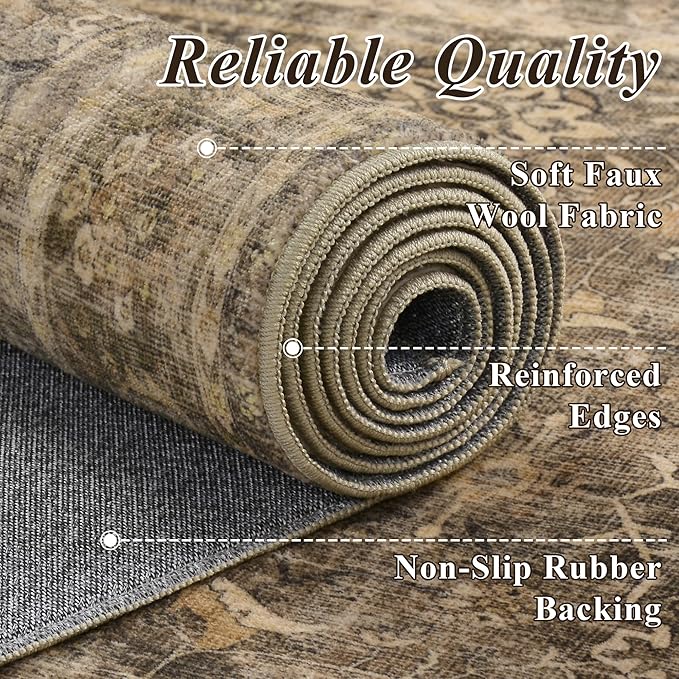 HelloTree Washable Rugs 9x12 Area Rug for Living Room, Vintage Boho Brown Rug Non Slip Carpet Retro Accent Indoor Mat Print Distressed Low Pile Throw Large Rug for Office Dining Room Bedside-Brown