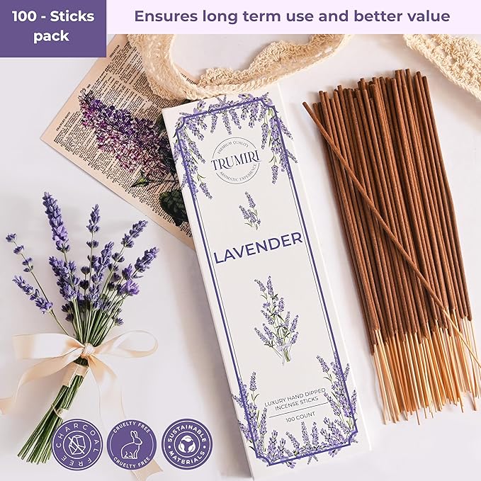 Lavender Incense Sticks - Pack of 100 Insence-Sticks - Inciensos Aromaticos Made with Natural Lavender Essential Oil - Scented Inscents Non Toxic Insense