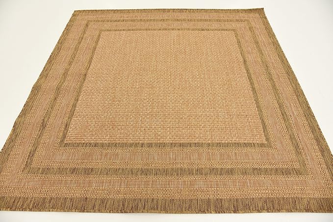 Unique Loom Outdoor Border Collection Area Rug - Multi Border (5' 4" Square, Tan/ Light Brown)