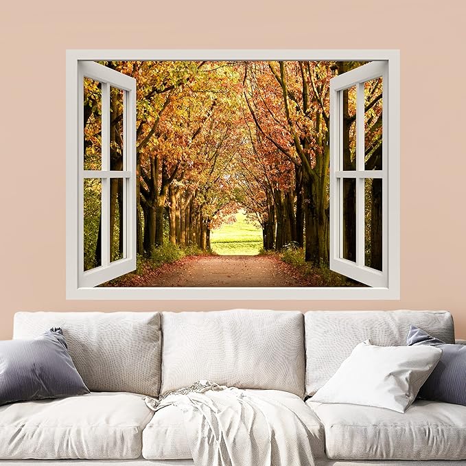 wall26 Removable Wall Sticker/Wall Mural Window View Country Autumn Orange Tree Forest Path Wilderness Nature Photography Realism Rustic Landscape Colorful for Living Room, Bedroom, Office - 36"x48"