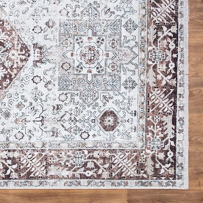 Bloom Rugs Caria Washable Non-Slip 7 ft Runner - Beige/Brown Traditional Runner for Entryway, Hallway, Bathroom, and Kitchen - Exact Size: 2'6" x 7'