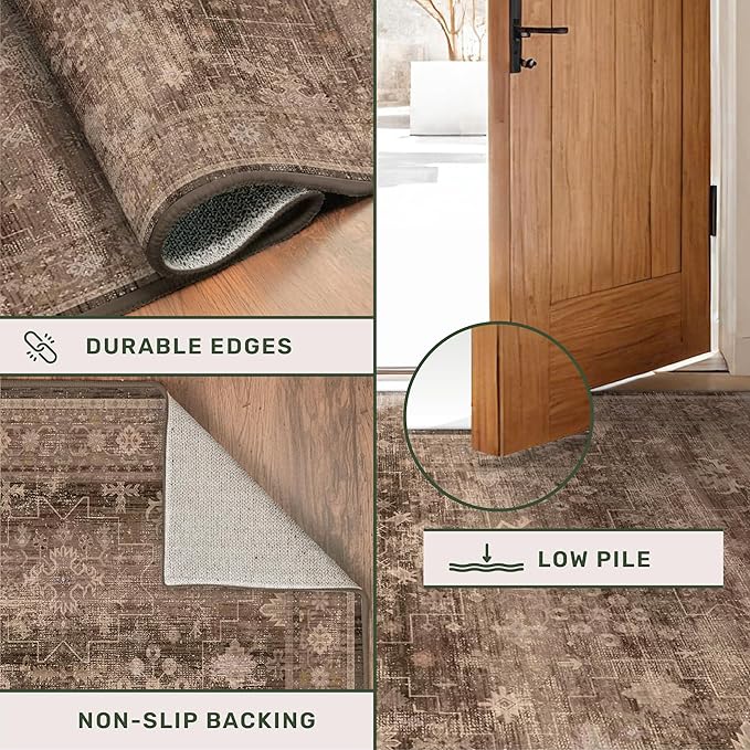 Brown Boho Washable 2x6 Runner Rugs for Hallway Kitchen Bedroom Beside Laundry Room Bathroom Rug, Pet & Kids Friendly, Non Slip Low Pile Stain Resistant Soft Faux Wool Long 24 x 72 Floor Carpet