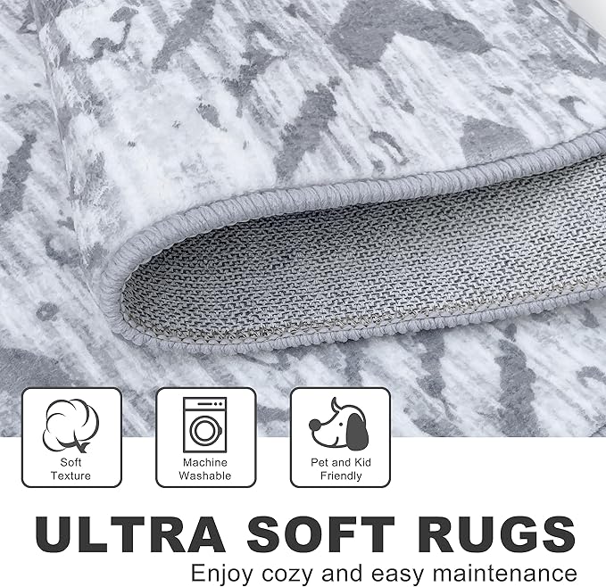 KILOCOCO Boho Kitchen Runner Rug 2x6 Washable Runner Rug, Soft Runners for Hallways Non Slip Printed Low-Pile Distressed Laundry Room Rugs for Entryway/Bedroom/Living Room, Gray/White