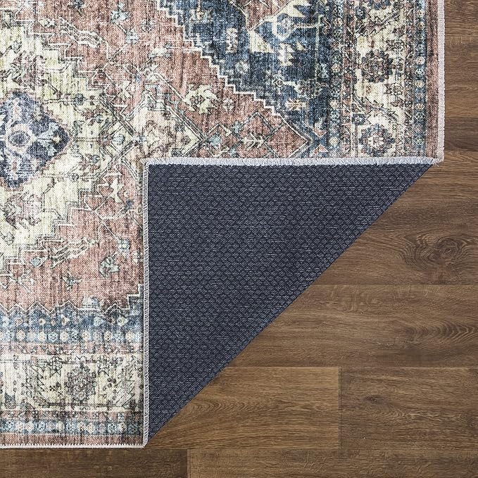 Bloom Rugs Caria Washable Non-Slip 7 ft Runner - Coral Pink/Ocean Blue Traditional Runner for Entryway, Hallway, Bathroom, and Kitchen - Exact Size: 2'6" x 7'