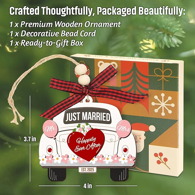 Wedding Gifts for Couples 2025, First Christmas Married Ornament 2025 - Just Married Wooden Ornament - Mr and Mrs Bridal Shower Gifts for Bride Newlyweds, Wedding Gift for Christmas Decorations