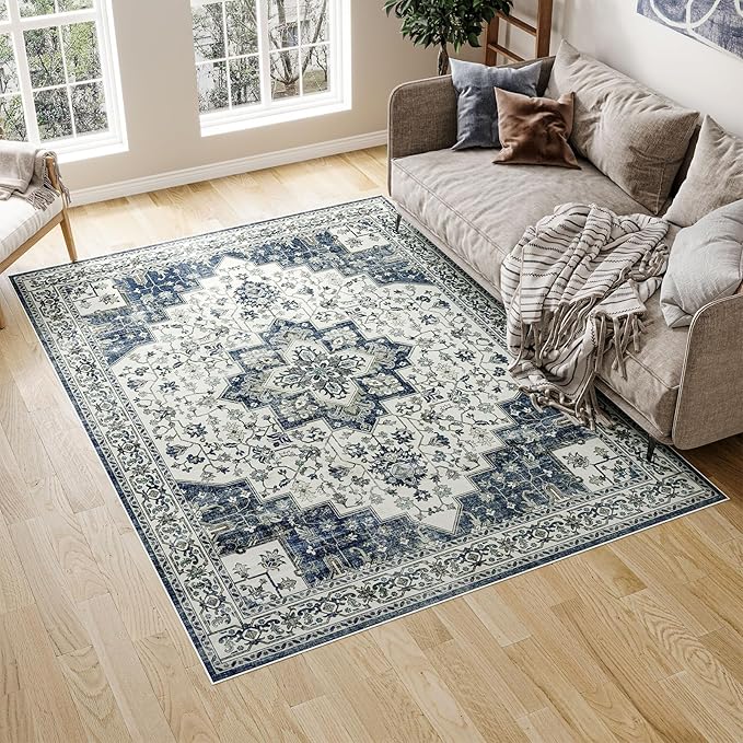 Dripex 8x10 Area Rugs - Stain Resistant Washable Rug Distressed Rugs for Living Room Dining Room Bedroom Anti-Slip Low-Pile and Soft Accent Rug Farmhouse Office Home Decor, Pet & Child Friendly