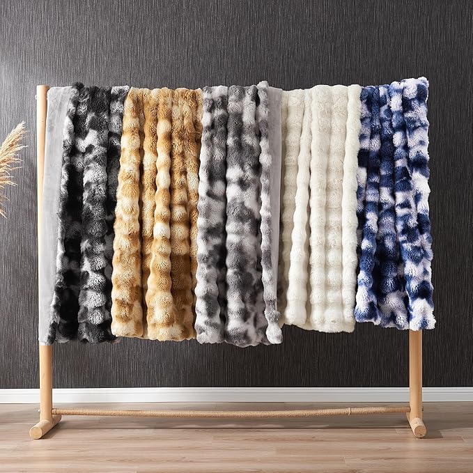 Amélie Home Faux Fur Throw Blanket for Couch, Ultra Soft Fuzzy Plush Bubble Throw for Sofa, Living Room & Home Decor, 50"x60", Tie-dye Khaki