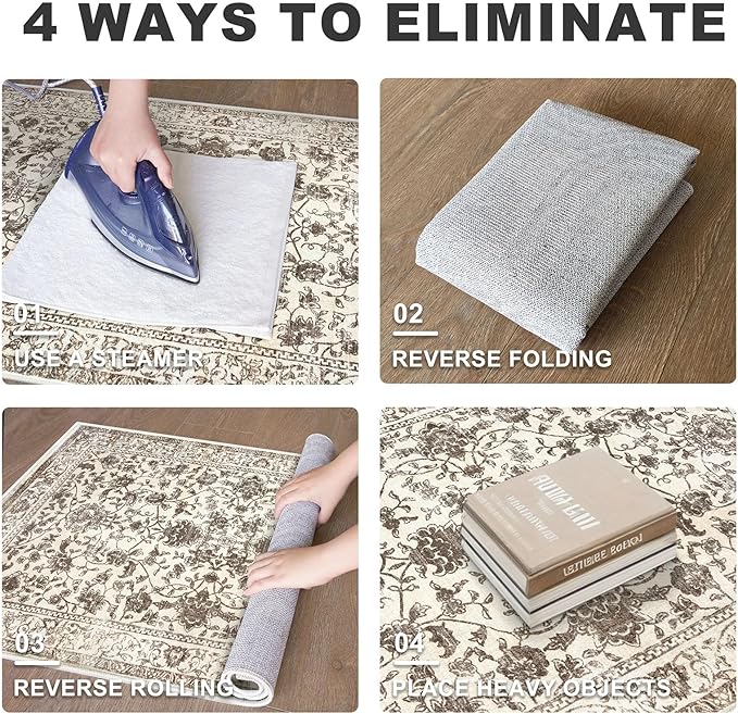 KILOCOCO Area Rug 5x7 Living Room Rug Washable Printed Vintage Floral Non Slip Soft Rubber Backed Indoor Bedroom Rugs for Laundry Room Kitchen Playroom Moroccan Area Rugs, Beige/Brown