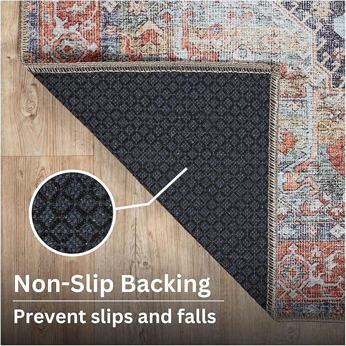 Bloom Rugs Washable Non-Slip 4' x 6' Rug - Terracotta/Blue Traditional Medallion Area Rug for Living Room, Bedroom, Dining Room, and Kitchen - Exact Size: 4' x 6'